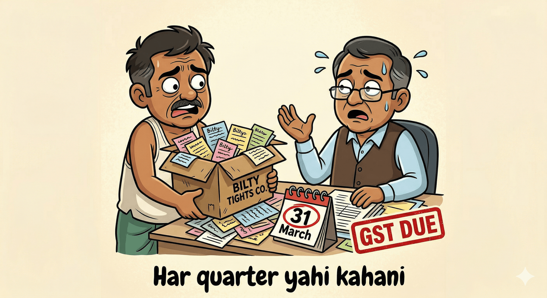 Har quarter yahi kahani — fleet owner handing box of biltys to panicked CA